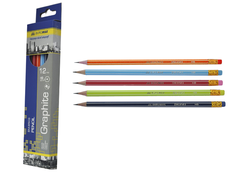 Олівець графітовий HB з ластиком Buromax  GRAPHITE, асорті