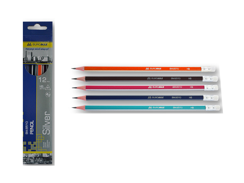 Олівець графітовий HB з ластиком Buromax SILVER, асорті