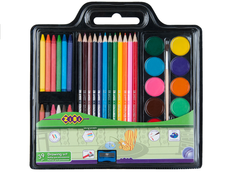 Набор д/рисования: краски + цветные карандаши + мел по 12шт + кисть + точилка