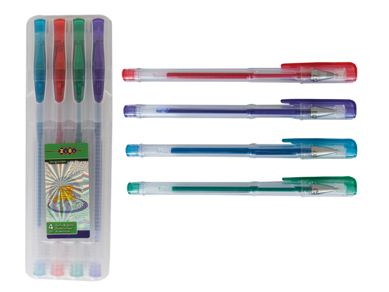 Ручка гелева НАБІР- 4 кольора ZIBI GLITTER з блискітками, PVC-пенал на кнопці