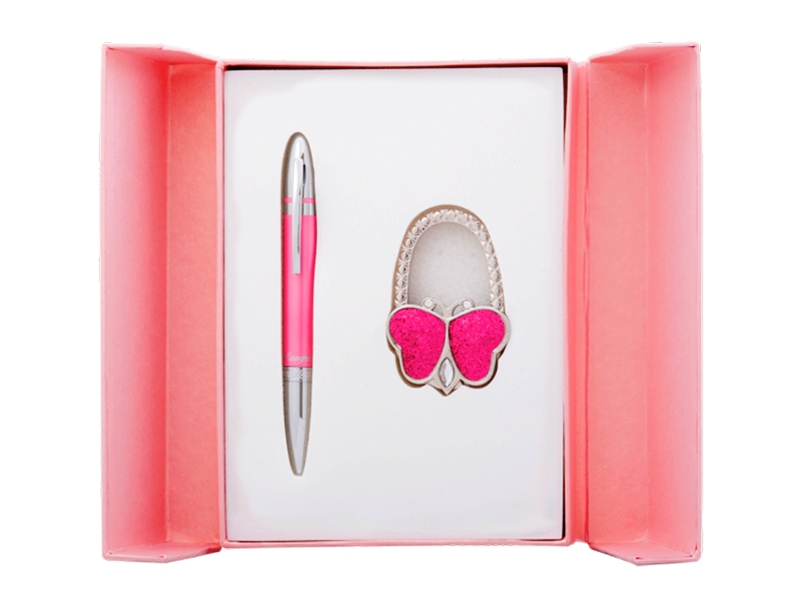 Набір ручка кулькова + гачок для сумки з декором "Метелик", рожевий з сріблястим