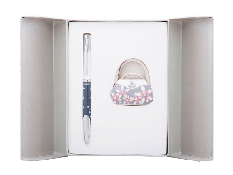 Набір ручка кулькова + гачок для сумки з декором "Сумочка", чорний з сріблястим