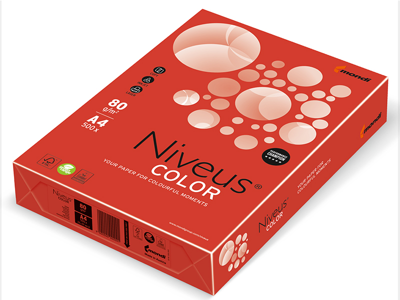 Бумага цветная А4 80г/м2 Niveus 500л, интенсивный красный CO44