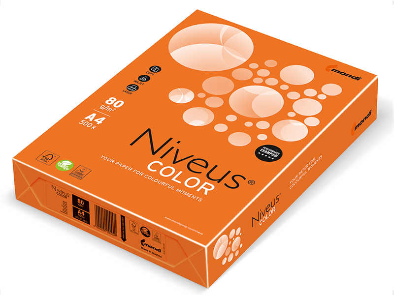 Бумага цветная А4 80г/м2 Niveus 500л, интенсивный оранжевый OR43