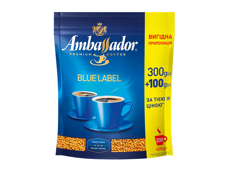 Кава Ambassador розчинна сублімована Blue Label 400г, пакет ZIP