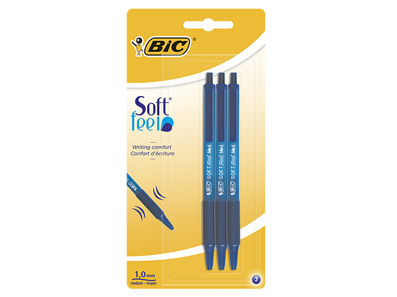 Ручка кулькова автоматична синя на масляній основі BIC  Soft Feel Clic Grip, 3шт в блістері
