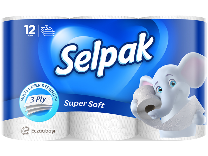 Туалетная бумага в рулоне целлюлозная 3-слойная 150отр. (12рул) Selpak Super Soft, супербелый