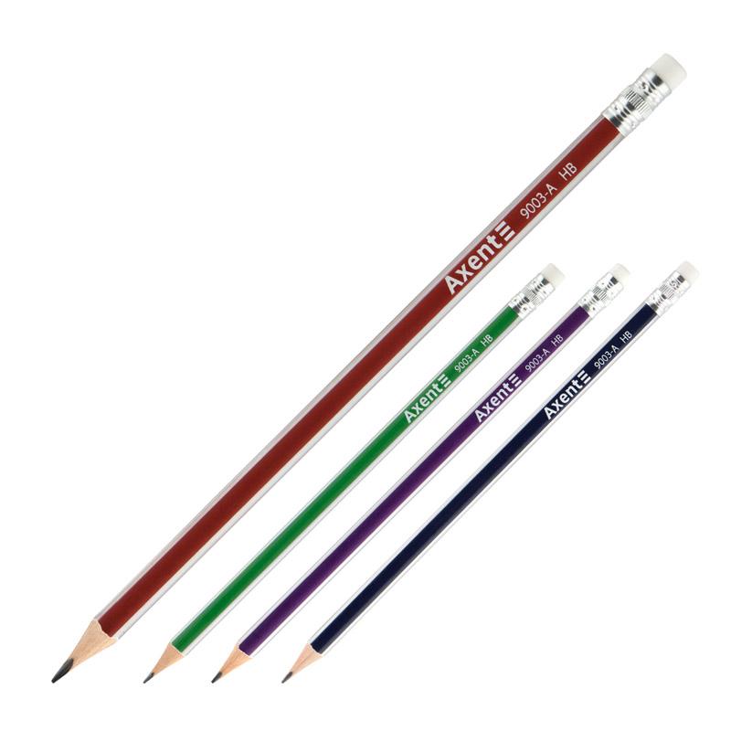 Олівець графітовий HB з ластиком Axent 9003-А тригранний, асорті