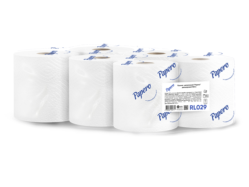 Рушники паперові в рулоні целюлозні 2шар/100м 800арк. на гільзі PAPERO, білі