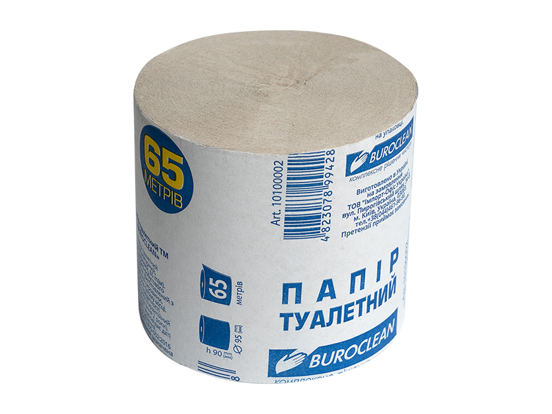 Туалетний папір в рулоні макулатурний 65м без гільзи BUROCLIAN 1шт, сірий